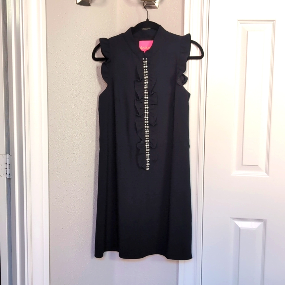 Lilly Pulitzer black dress frill and Pearl details size 2